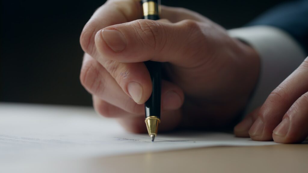 Hands putting signature document at desk close up. Director signing contract.